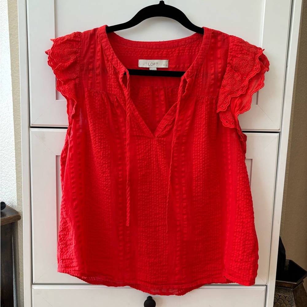 LOFT Vibrant Red Cotton Blouse with flutter sleeves.